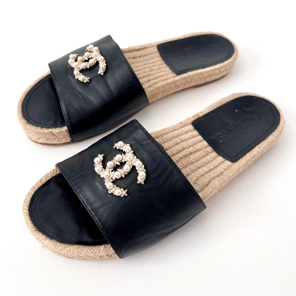 CHANEL | Pearl Embellished CC Logo Black Leather Espadrille Slide Sandals EU 37 - Picture 2 of 14